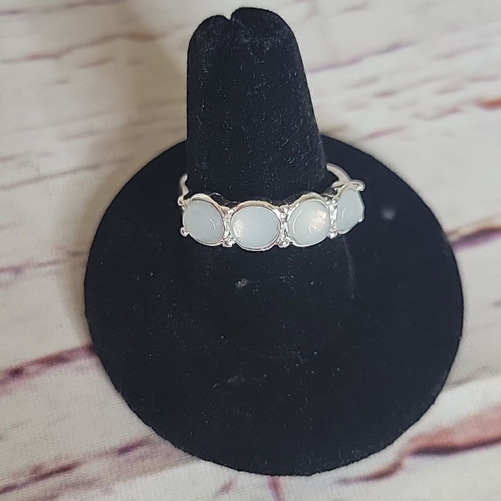 Silvertone Ring with White Opaque Stones Size 9